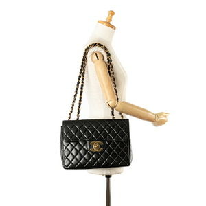 Chanel Matelasse 30 Coco Mark Double Flap Chain Shoulder Bag Lambskin Black